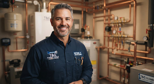 A professional portrait of a master plumber